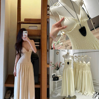 SEP House - Đầm kem midi dáng dài cổ V cột nơ vai viền bèo phối mocking eo tôn dáng tà dài 2 lớp sang trọng đi biển