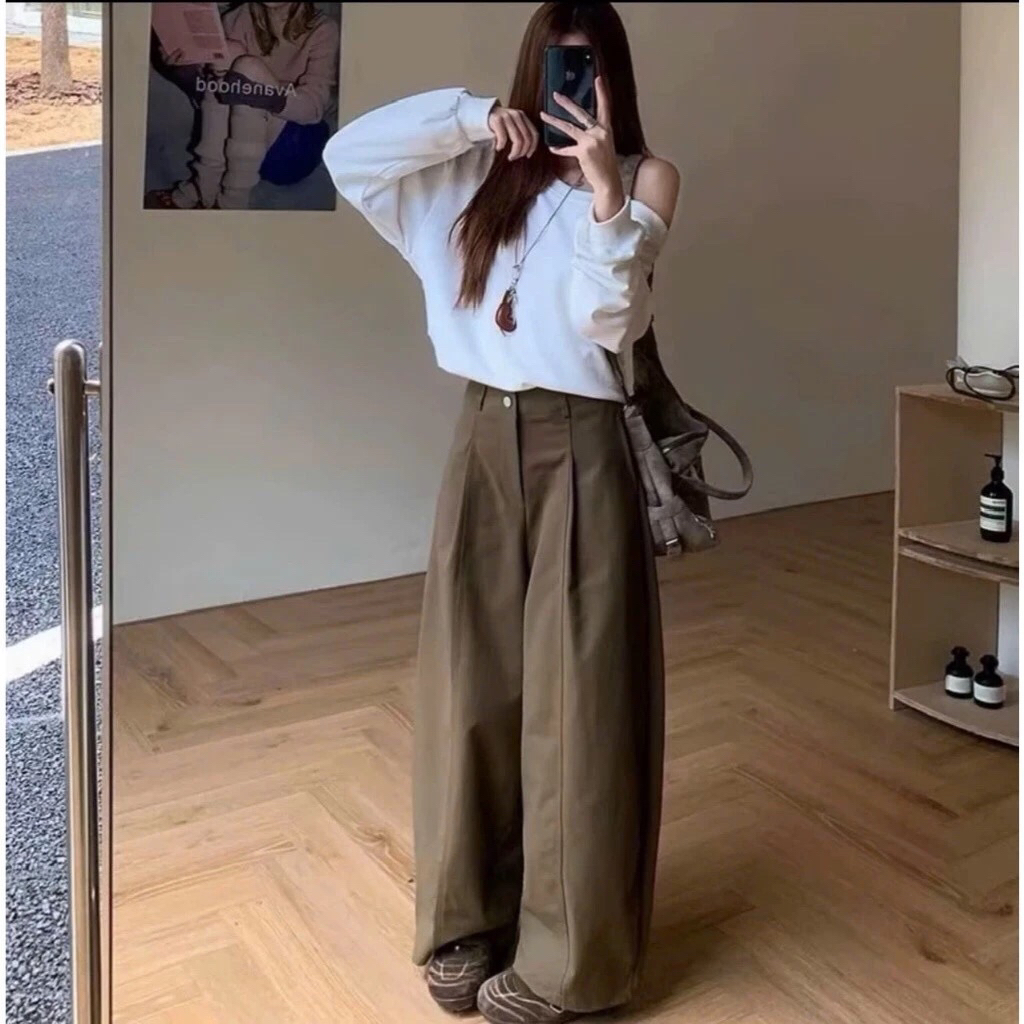 Quần Ống Rộng Kaki Nhật Cạp Cao Tôn Dáng Siêu Hót Trend dài 98cm