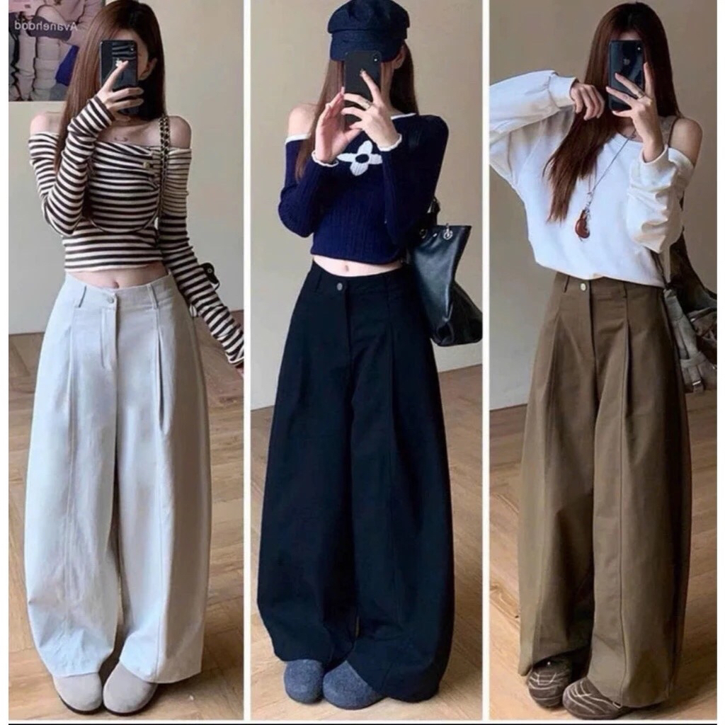 Quần Ống Rộng Kaki Nhật Cạp Cao Tôn Dáng Siêu Hót Trend dài 98cm