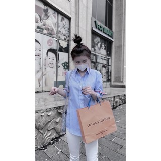 Áo Sơ Mi Nữ Kẻ Xanh Thom Mei clothing shop - Cộc Tay Mát Mẻ - Viền Nẹp 3 Màu Sang Xịn Hack Tuổi