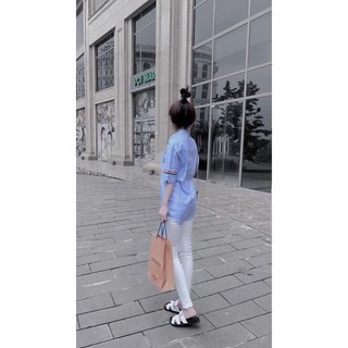 Áo Sơ Mi Nữ Kẻ Xanh Thom Mei clothing shop - Cộc Tay Mát Mẻ - Viền Nẹp 3 Màu Sang Xịn Hack Tuổi