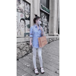 Áo Sơ Mi Nữ Kẻ Xanh Thom Mei clothing shop - Cộc Tay Mát Mẻ - Viền Nẹp 3 Màu Sang Xịn Hack Tuổi
