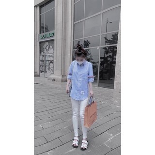 Áo Sơ Mi Nữ Kẻ Xanh Thom Mei clothing shop - Cộc Tay Mát Mẻ - Viền Nẹp 3 Màu Sang Xịn Hack Tuổi