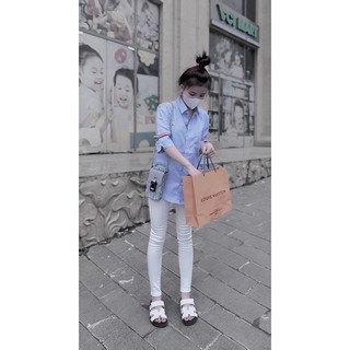 Áo Sơ Mi Nữ Kẻ Xanh Thom Mei clothing shop - Cộc Tay Mát Mẻ - Viền Nẹp 3 Màu Sang Xịn Hack Tuổi
