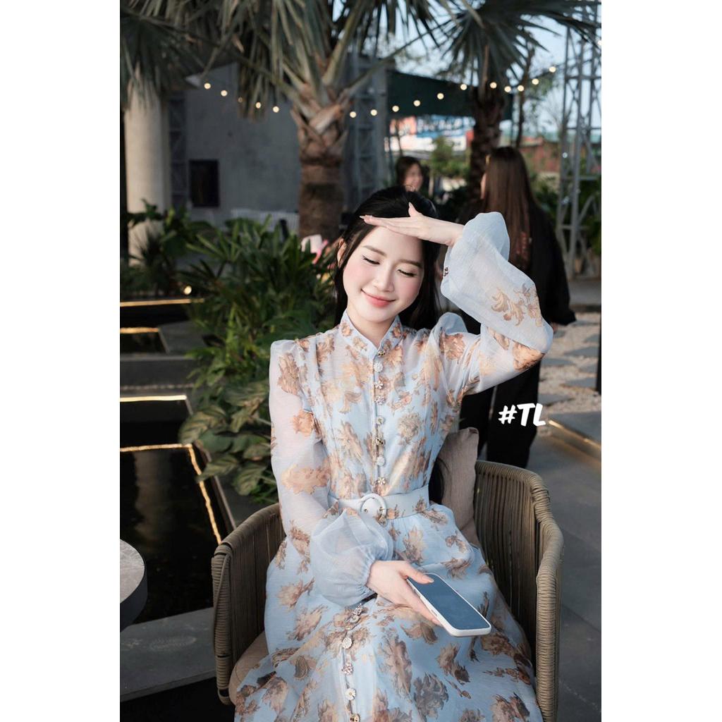 Đầm ZMM hoa xanh kèm đai