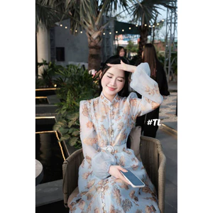 Đầm ZMM hoa xanh kèm đai