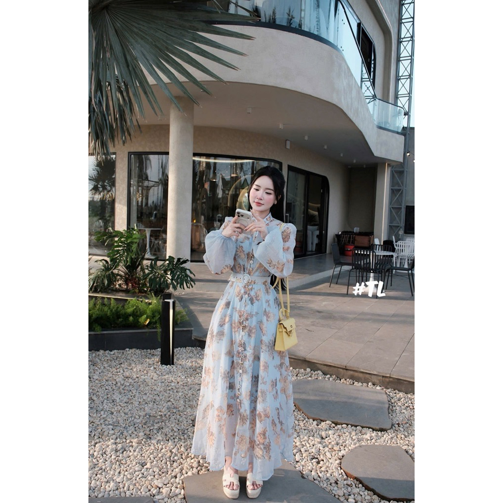 Đầm ZMM hoa xanh kèm đai