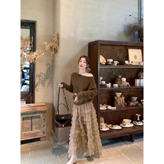 Chân váy voan lưới xếp tầng viền nổi dáng dài Maxi lưng chun có lớp lụa hàng Quảng Châu loại 1.