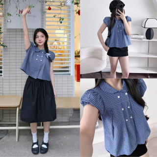Áo babydoll cổ sen phối kẻ đính cúc hoa tiểu thư xinh xắn MUZA A116