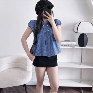 Áo babydoll cổ sen phối kẻ đính cúc hoa tiểu thư xinh xắn MUZA A116