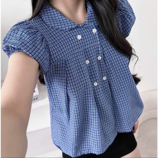 Áo babydoll cổ sen phối kẻ đính cúc hoa tiểu thư xinh xắn MUZA A116