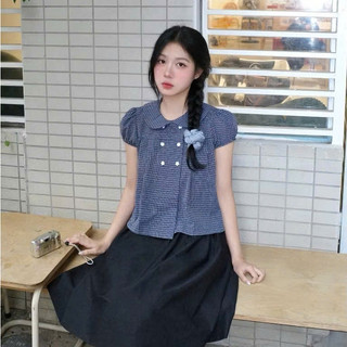Áo babydoll cổ sen phối kẻ đính cúc hoa tiểu thư xinh xắn MUZA A116