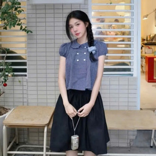 Áo babydoll cổ sen phối kẻ đính cúc hoa tiểu thư xinh xắn MUZA A116