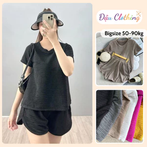 Set Bộ Bigsize Nữ Áo Tay Ngắn Cổ Tròn Kèm Quần Short Lưng Chun Co Giãn Vải Xốp Nhật Co Giãn SET821