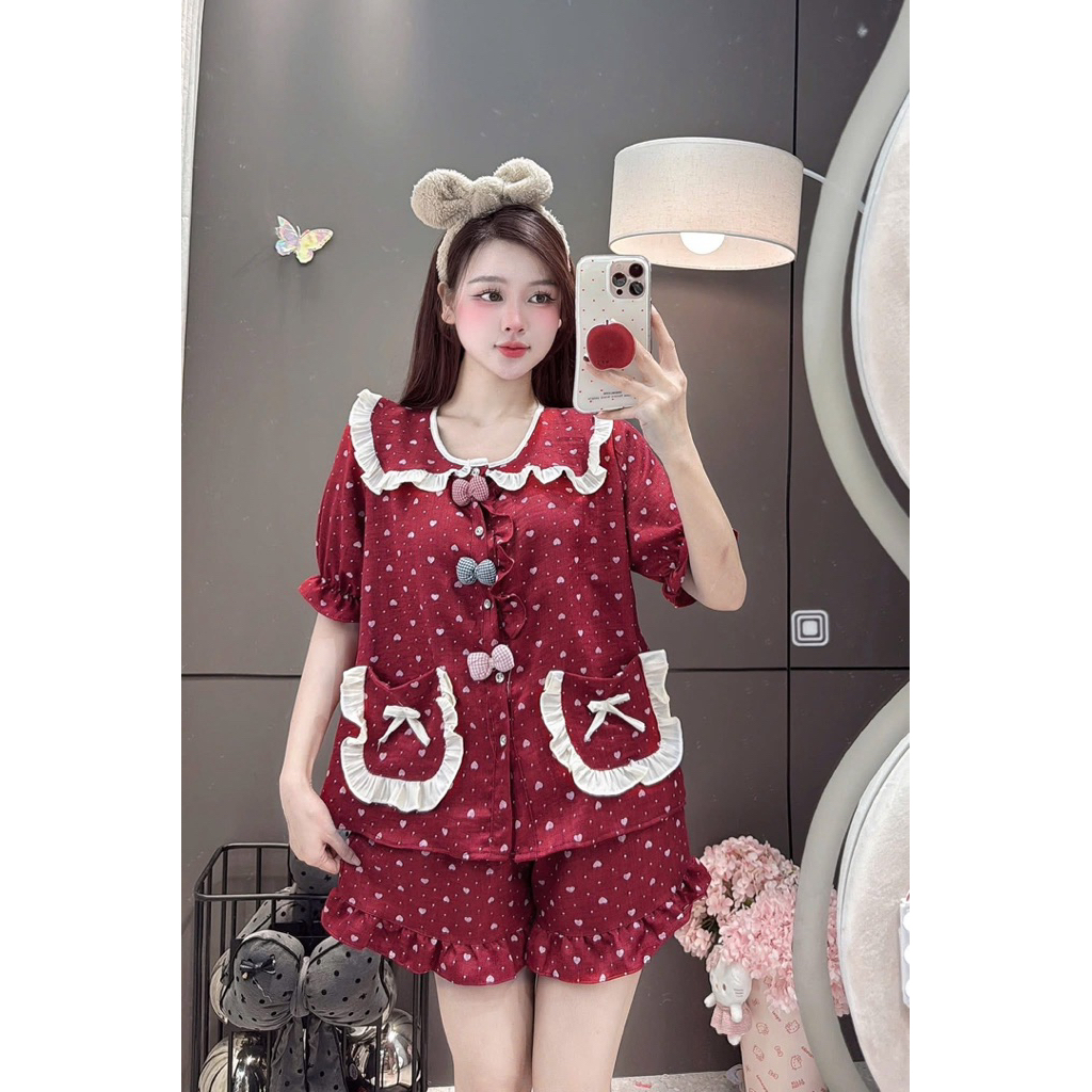 Set Bộ Ngủ Pijama Nữ, Set Bộ Đũi Vân Mây Đùi Đính Cham