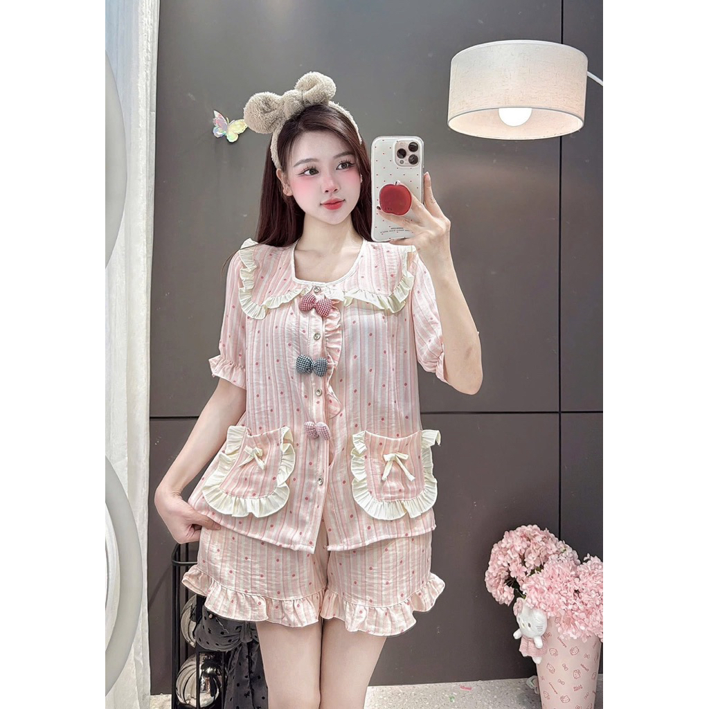 Set Bộ Ngủ Pijama Nữ, Set Bộ Đũi Vân Mây Đùi Đính Cham