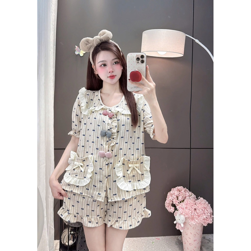 Set Bộ Ngủ Pijama Nữ, Set Bộ Đũi Vân Mây Đùi Đính Cham