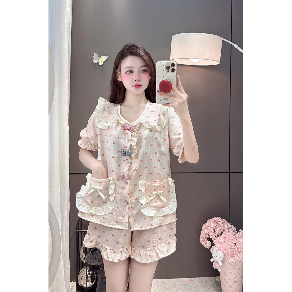 Set Bộ Ngủ Pijama Nữ, Set Bộ Đũi Vân Mây Đùi Đính Cham