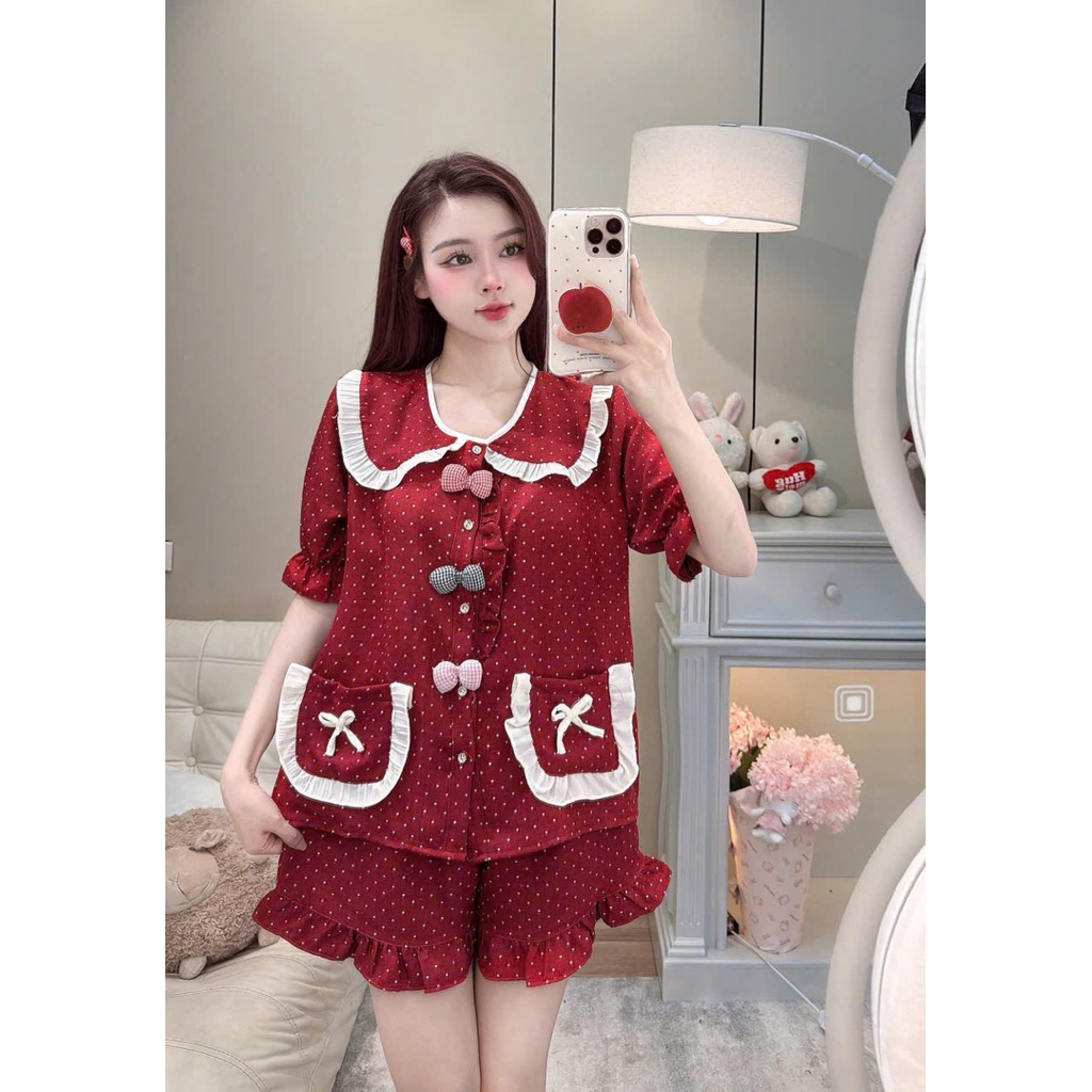 Set Bộ Ngủ Pijama Nữ, Set Bộ Đũi Vân Mây Đùi Đính Cham