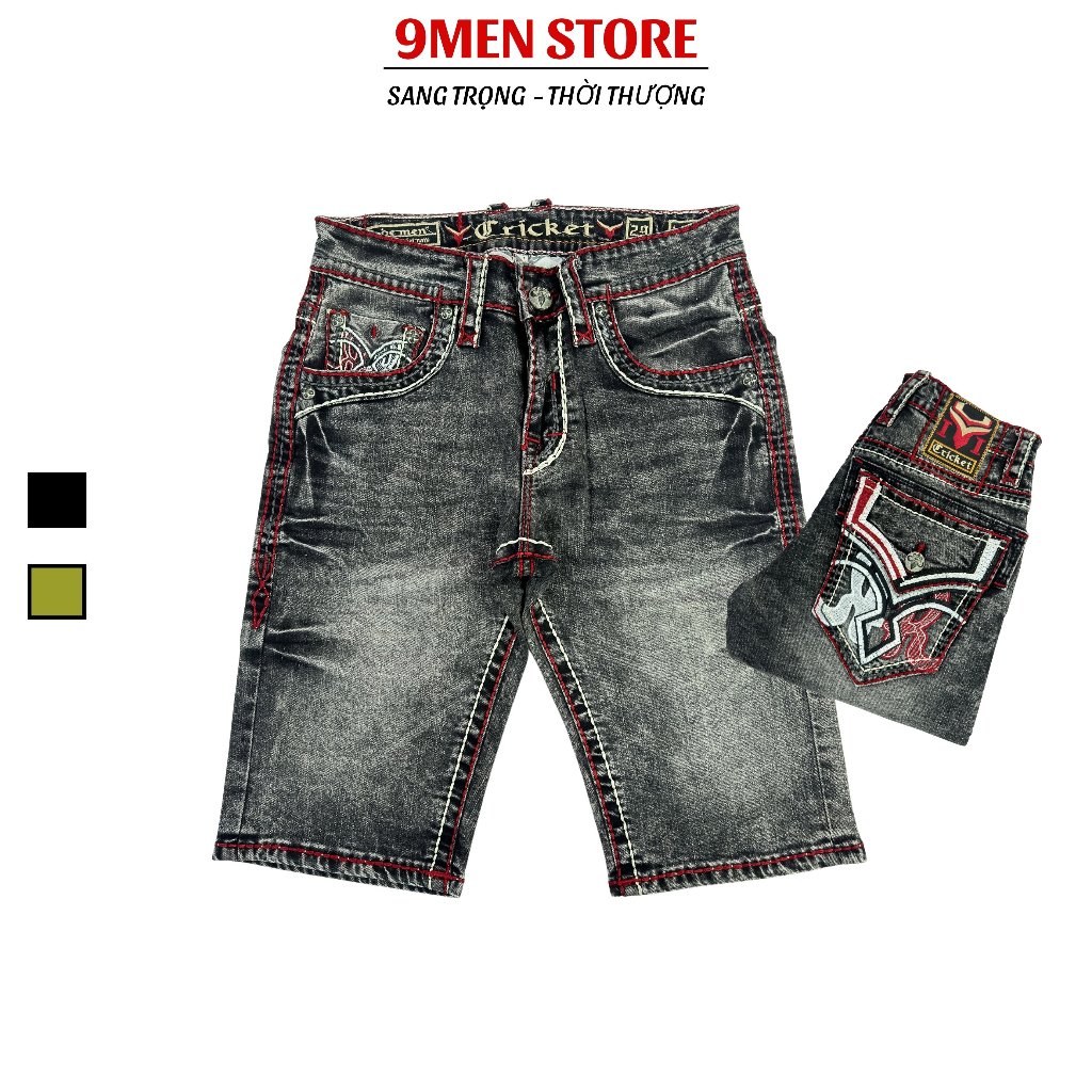 Quần Sọt Jeans Nam Cao Cấp Thêu Họa Tiết Xám Chỉ Đỏ - Vải Jeans Tôn Dáng Form Slimfit Nút Kim Loại Sang Trọng 01