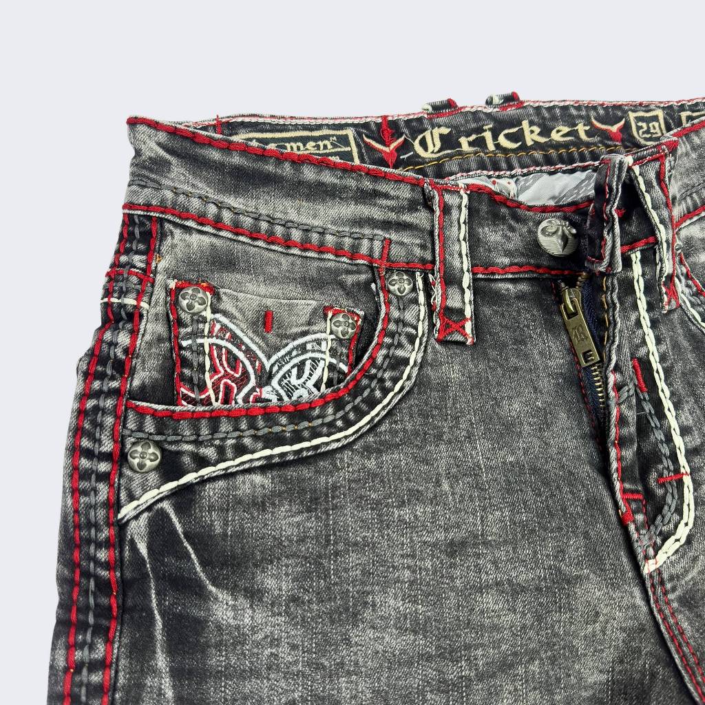 Quần Sọt Jeans Nam Cao Cấp Thêu Họa Tiết Xám Chỉ Đỏ - Vải Jeans Tôn Dáng Form Slimfit Nút Kim Loại Sang Trọng 01