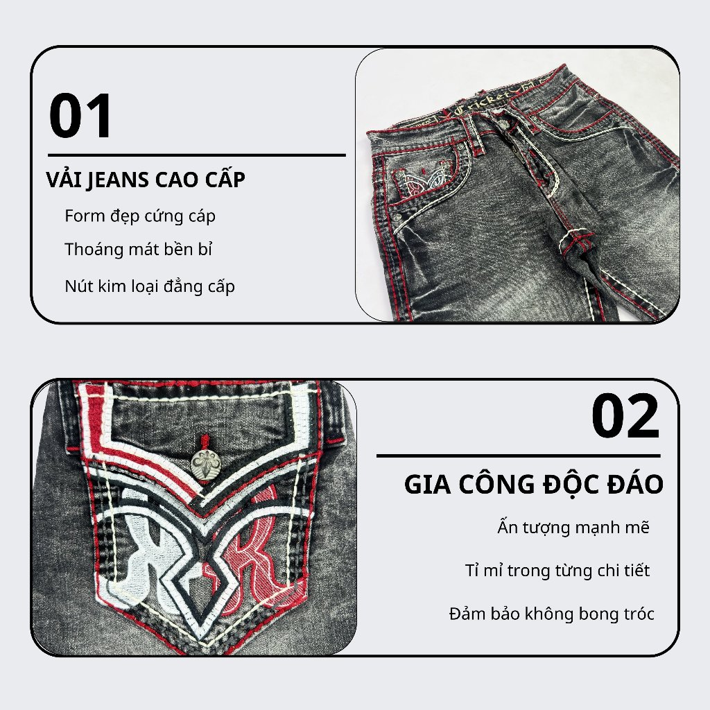 Quần Sọt Jeans Nam Cao Cấp Thêu Họa Tiết Xám Chỉ Đỏ - Vải Jeans Tôn Dáng Form Slimfit Nút Kim Loại Sang Trọng 01