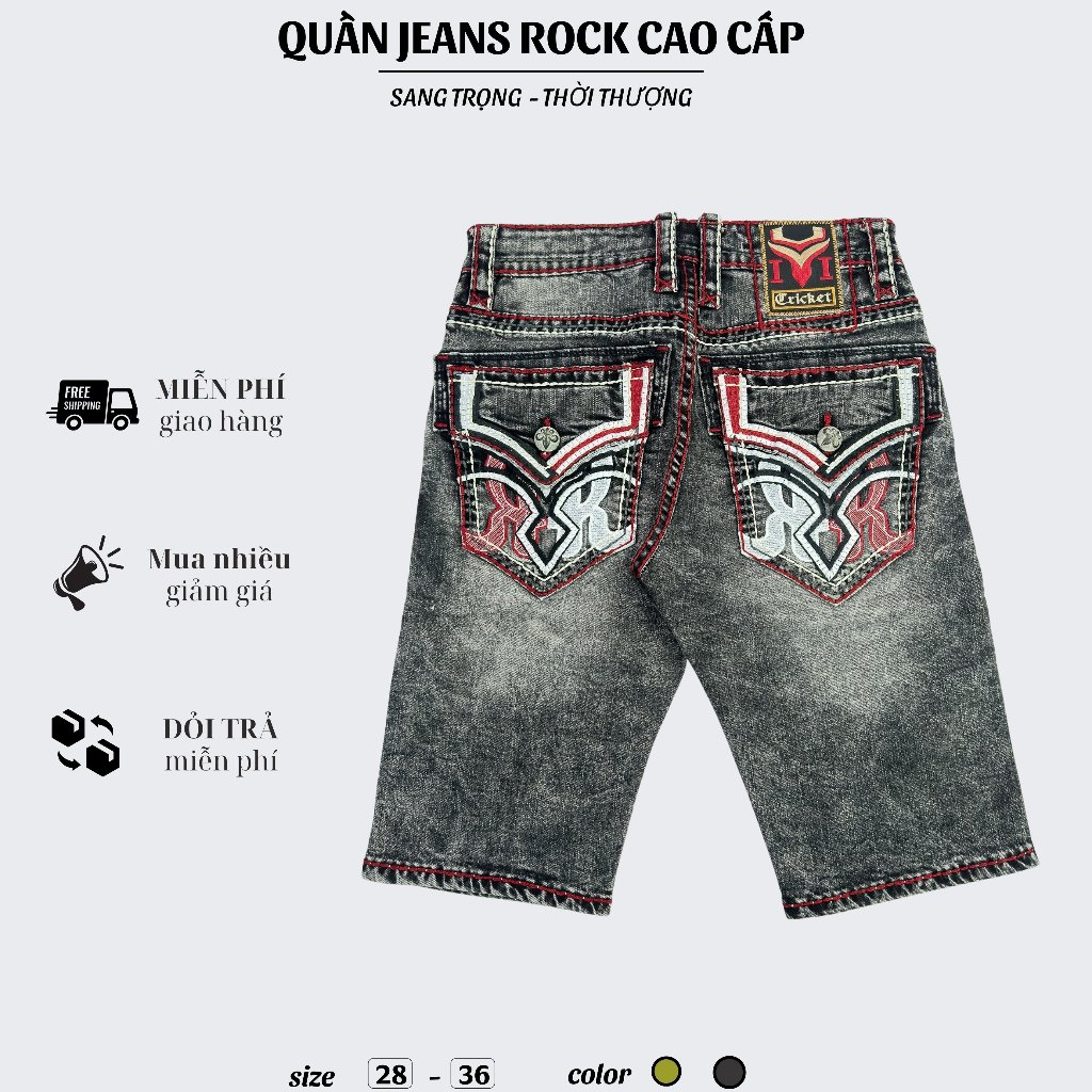 Quần Sọt Jeans Nam Cao Cấp Thêu Họa Tiết Xám Chỉ Đỏ - Vải Jeans Tôn Dáng Form Slimfit Nút Kim Loại Sang Trọng 01