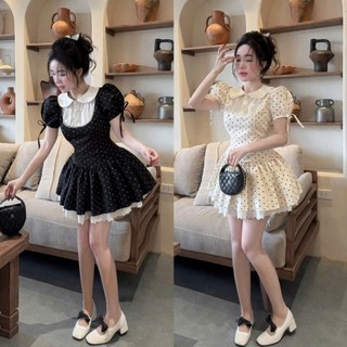 Đầm mini thời trang Nữ siêu cưng vải mango tay phồng rút nơ cổ sen đính nút chiết eo nhẹ váy chấm bi xòe phối ren