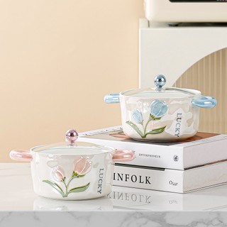 Bát Sứ Men Bát Tràng, Có Nắp Kính, Họa Tiết Tulip Bóng Ngọc Trai, Bát Đa Năng Đựng Mì, Salad, Cơm Và Phở