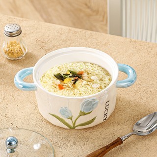 Bát Sứ Men Bát Tràng, Có Nắp Kính, Họa Tiết Tulip Bóng Ngọc Trai, Bát Đa Năng Đựng Mì, Salad, Cơm Và Phở