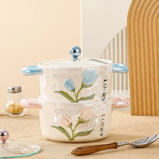 Bát Sứ Men Bát Tràng, Có Nắp Kính, Họa Tiết Tulip Bóng Ngọc Trai, Bát Đa Năng Đựng Mì, Salad, Cơm Và Phở