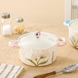 Bát Sứ Men Bát Tràng, Có Nắp Kính, Họa Tiết Tulip Bóng Ngọc Trai, Bát Đa Năng Đựng Mì, Salad, Cơm Và Phở
