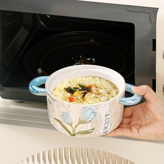 Bát Sứ Men Bát Tràng, Có Nắp Kính, Họa Tiết Tulip Bóng Ngọc Trai, Bát Đa Năng Đựng Mì, Salad, Cơm Và Phở