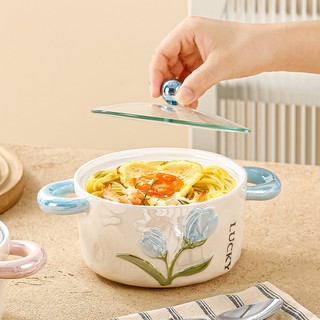 Bát Sứ Men Bát Tràng, Có Nắp Kính, Họa Tiết Tulip Bóng Ngọc Trai, Bát Đa Năng Đựng Mì, Salad, Cơm Và Phở