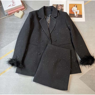 Set áo vest dạ nhũ tay lông bling và chân váy cạp cao tôn dáng cao cấp phong cách tiểu thư