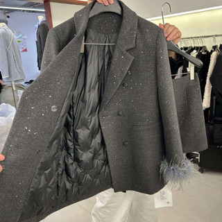 Set áo vest dạ nhũ tay lông bling và chân váy cạp cao tôn dáng cao cấp phong cách tiểu thư