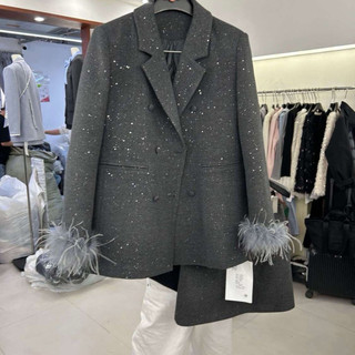 Set áo vest dạ nhũ tay lông bling và chân váy cạp cao tôn dáng cao cấp phong cách tiểu thư