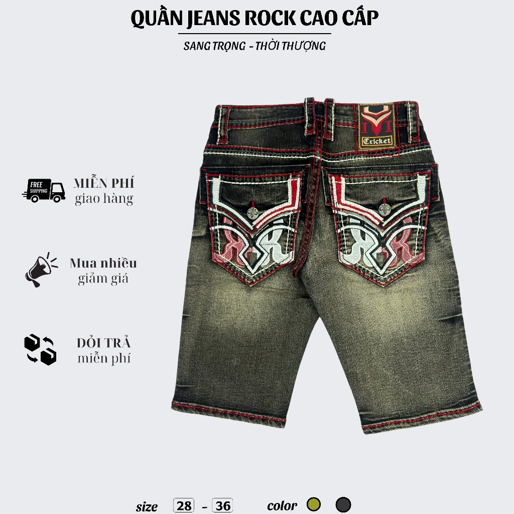 Quần Sọt Jeans Nam Cao Cấp Thêu Họa Tiết Xám Chỉ Đỏ - Vải Jeans Tôn Dáng Form Slimfit Nút Kim Loại Sang Trọng 01.2