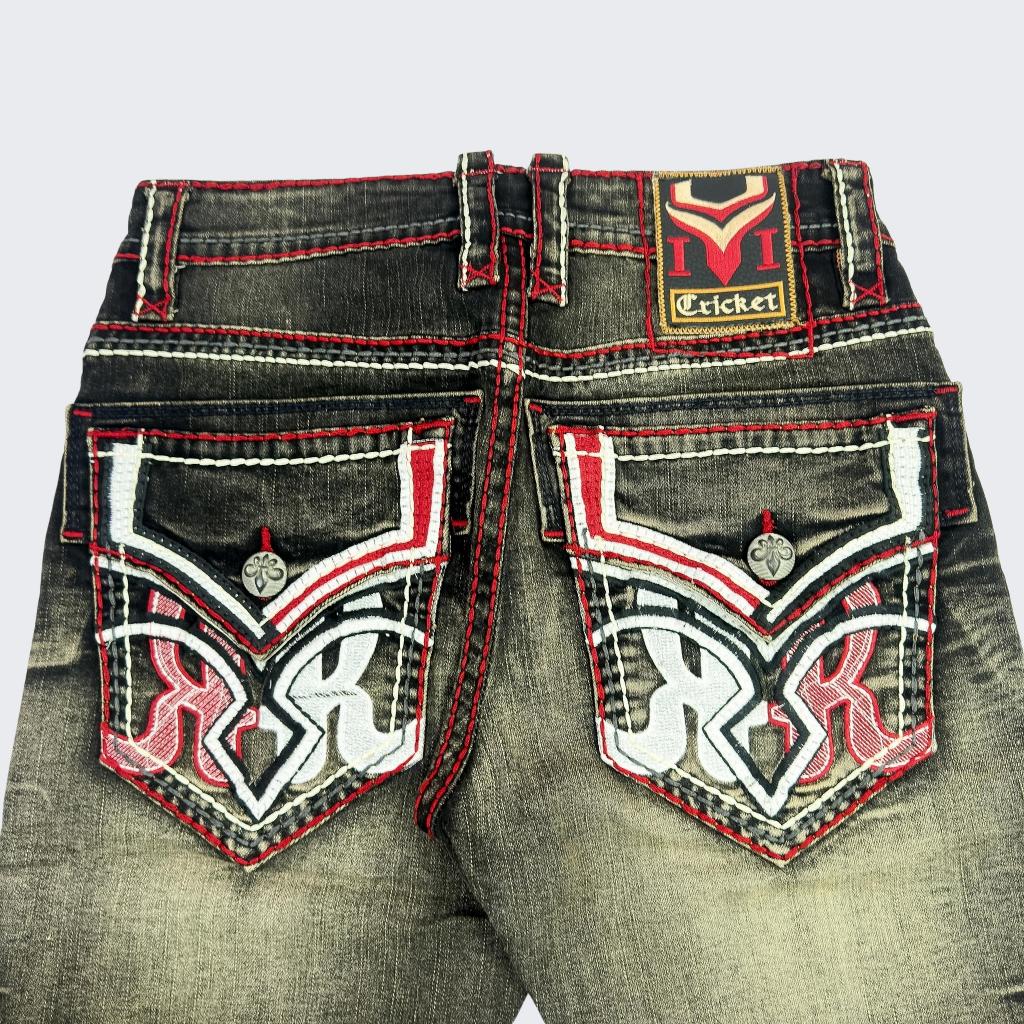 Quần Sọt Jeans Nam Cao Cấp Thêu Họa Tiết Xám Chỉ Đỏ - Vải Jeans Tôn Dáng Form Slimfit Nút Kim Loại Sang Trọng 01.2