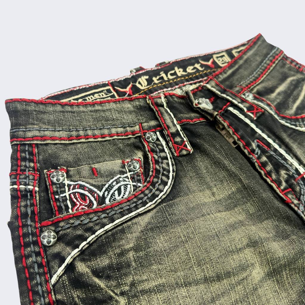 Quần Sọt Jeans Nam Cao Cấp Thêu Họa Tiết Xám Chỉ Đỏ - Vải Jeans Tôn Dáng Form Slimfit Nút Kim Loại Sang Trọng 01.2