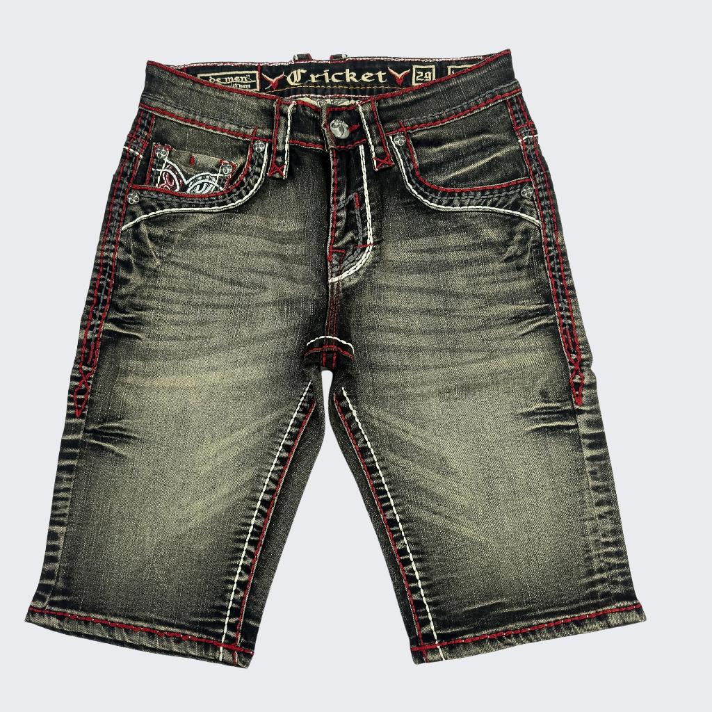 Quần Sọt Jeans Nam Cao Cấp Thêu Họa Tiết Xám Chỉ Đỏ - Vải Jeans Tôn Dáng Form Slimfit Nút Kim Loại Sang Trọng 01.2