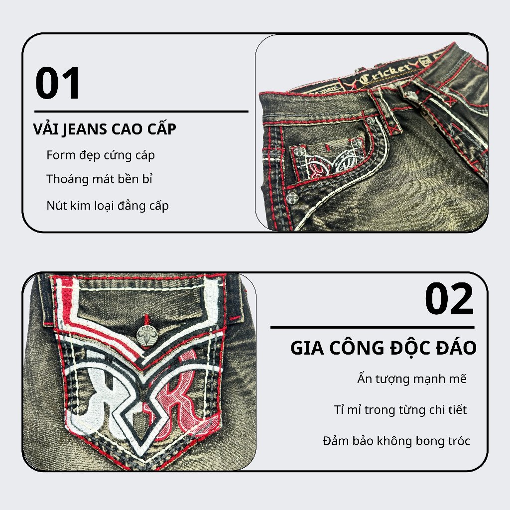 Quần Sọt Jeans Nam Cao Cấp Thêu Họa Tiết Xám Chỉ Đỏ - Vải Jeans Tôn Dáng Form Slimfit Nút Kim Loại Sang Trọng 01.2