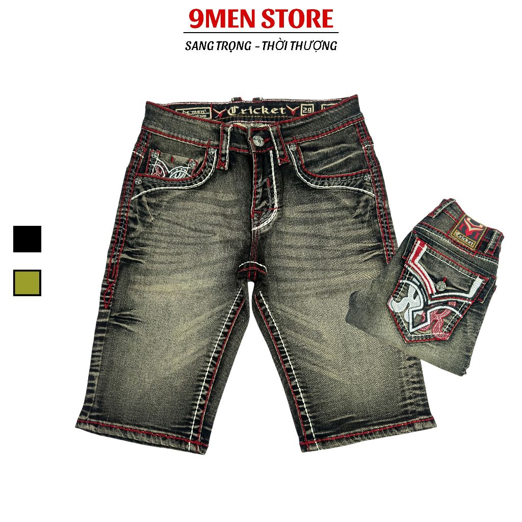 Quần Sọt Jeans Nam Cao Cấp Thêu Họa Tiết Xám Chỉ Đỏ - Vải Jeans Tôn Dáng Form Slimfit Nút Kim Loại Sang Trọng 01.2