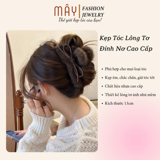 Kẹp tóc lông tơ đính nơ da 13cm • Mây Fashion Jewelry - K1025.22