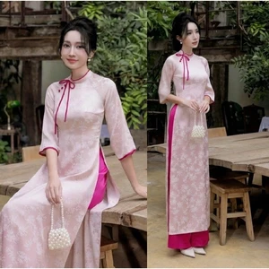 Áo Dài Nàng Thơ Dáng Ôm Thiết Kế Gấm Hai Da Cổ Nơ Cách Tân Gấm Hai Da Cao Cấp - Sắc Hồng Pastel Sang Trọng T1531G
