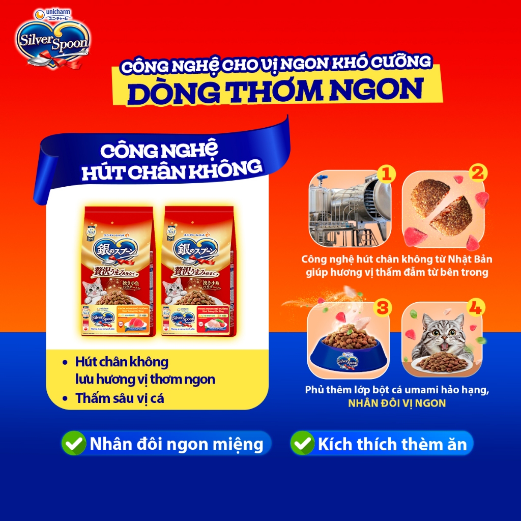 Thức Ăn Hạt Cho Mèo Silver Spoon Nhật Unicharm Giàu Thịt Đạm Cao, Giảm Nôn Trớ, Thơm Ngon, Tăng Cân