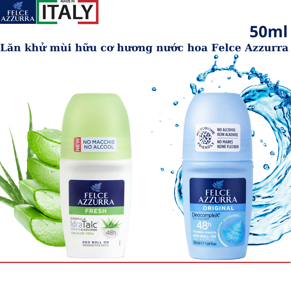 Lăn khử mùi hữu cơ hương nước hoa Ý, không vàng áo - dưỡng da 48 giờ Felce Azzurra - 50ml - NK Ý