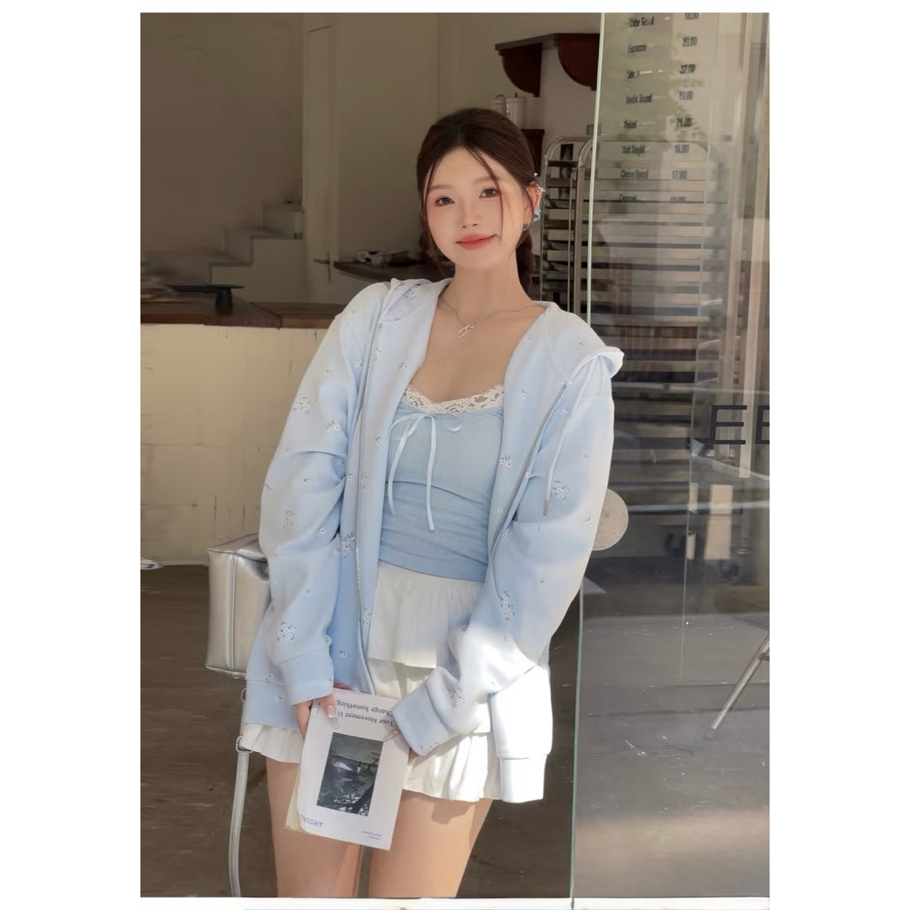 Áo Hai Dây Nữ Gân Nhỏ Phối Ren Cổ Nơ Nhỏ Dáng Ôm