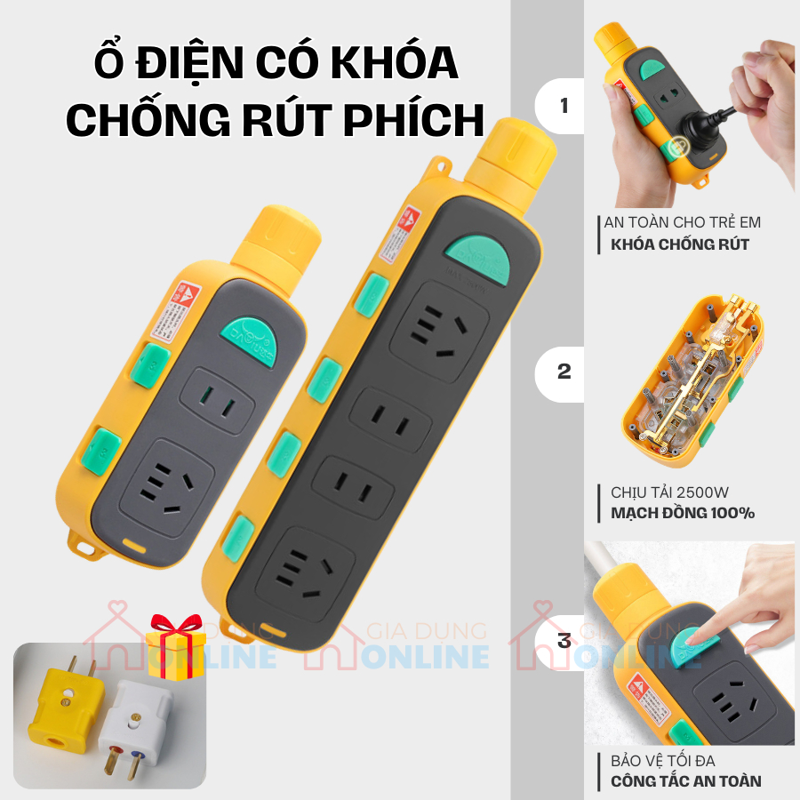 (CHỈ CÓ CHÂN DẸT) Ổ cắm điện có khóa chống rút phích an toàn cho trẻ em