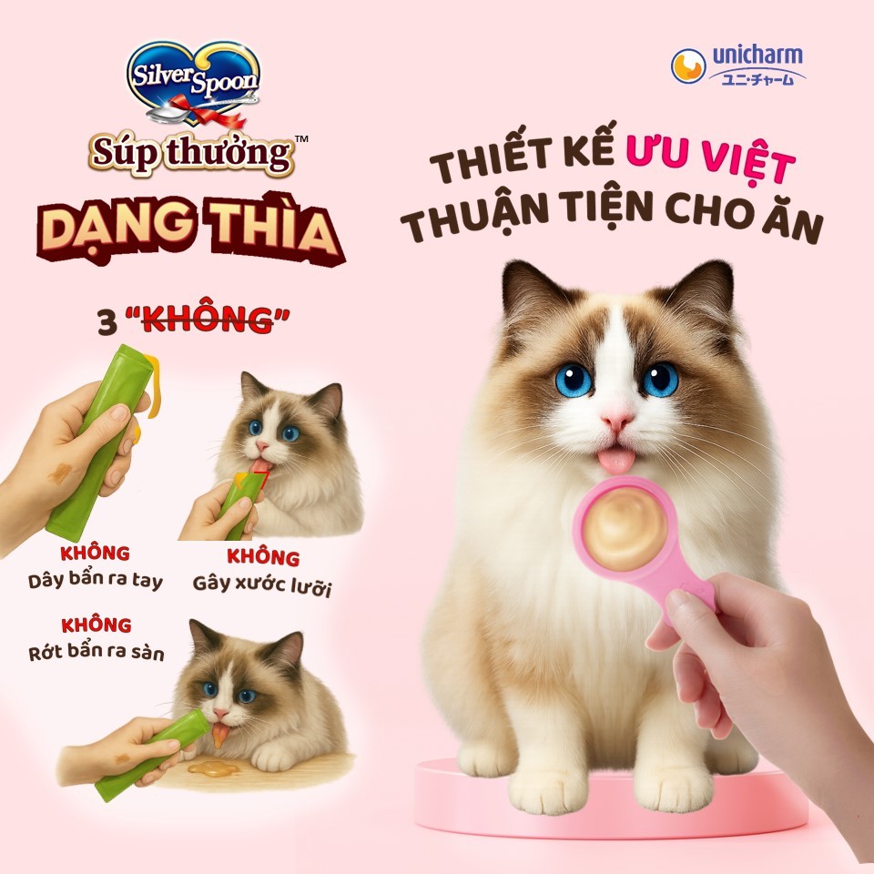 Súp Thưởng Dạng Thìa Silver Spoon Cho Mèo Unicharm Dạng Thìa Đủ 6 Hương Vị, Bổ Sung Vitamin Đề Kháng